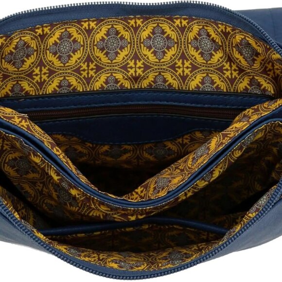 Double Compartment Faux Leather Crossbody Bag Navy Blue Zipper Closure - Picture 5 of 6